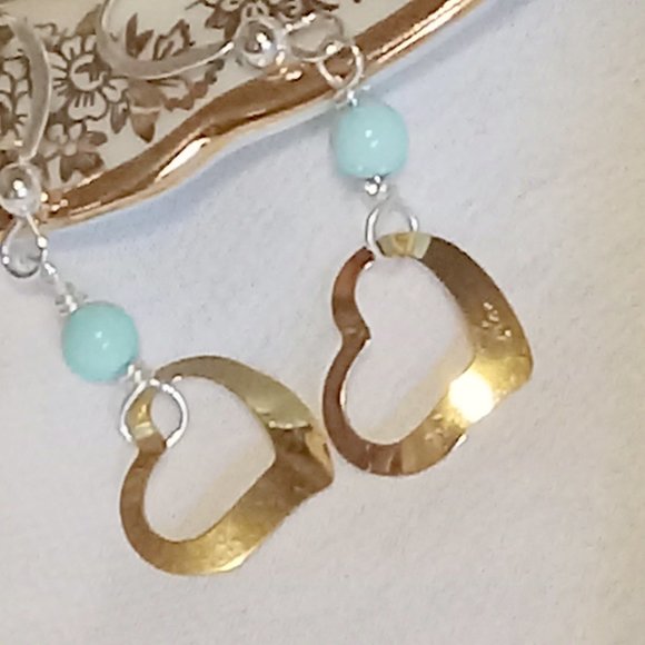 Turquoise ~ 14K YG Vintage Heart and Sterling Silver Earrings - Picture 3 of 14